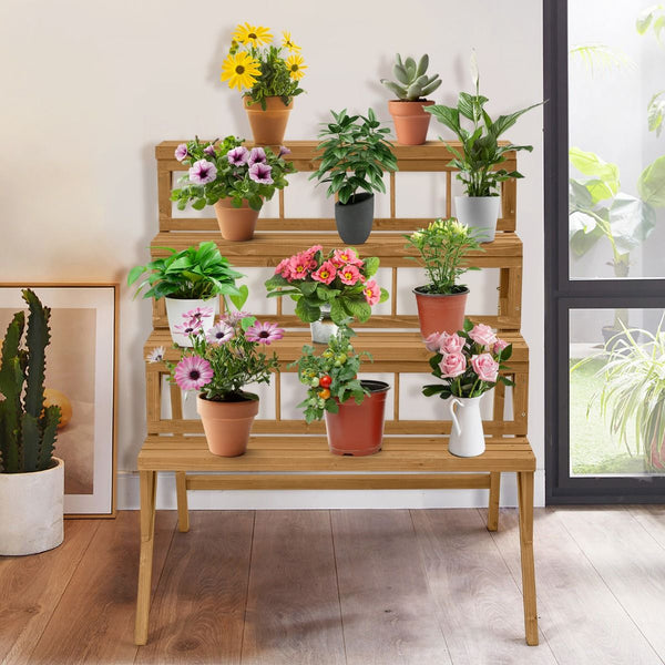 4-Tier Wooden Plant Stand with Sturdy Structure for Garden Patio Balcony Easy Assembly