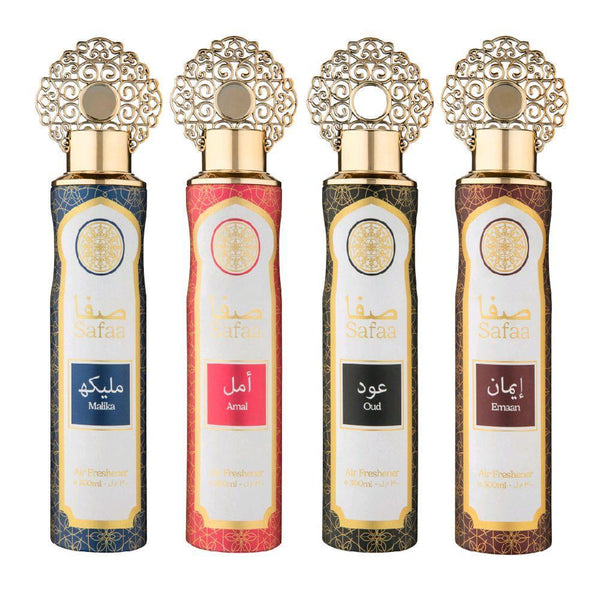 Dubai Luxury Air Freshener Set 4×300 ml — Amal • Emaan • Malika • Oud | Long-Lasting Natural Oil Spray for Home, Kitchen, Office, Car, and Bathroom