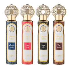 Dubai Luxury Air Freshener Set 4×300 ml — Amal • Emaan • Malika • Oud | Long-Lasting Natural Oil Spray for Home, Kitchen, Office, Car, and Bathroom