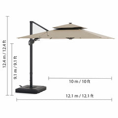 Seasons Sentry 10Ft (3M) Square 2-Tier LED Solar Cantilever Umbrella with Rolling Base in Beige