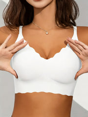 Elegant Wireless Comfort Bra With Wave-Edge | Solid Color, Non-Removable Padding, Patched Detail
