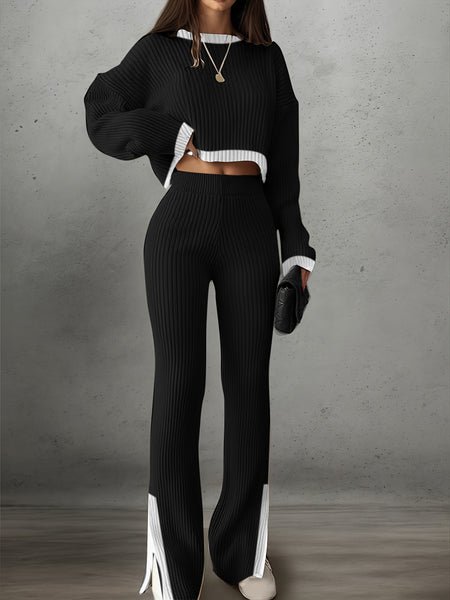 Women'S Short Color-Blocked Long-Sleeve Top with Solid Color Pants, a Casual And Stylish Outfit for Christmas