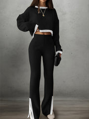 Women'S Short Color-Blocked Long-Sleeve Top with Solid Color Pants, a Casual And Stylish Outfit for Christmas