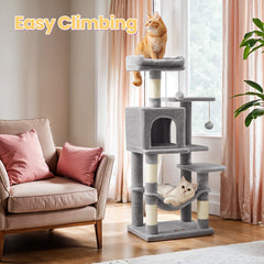 112 cm Cat Tree, Multi-Level Soft Plush Cat Tree, Cat Tower Condo with 4 Cat Scratching Posts, Hammock, Cave, Platform, Toys, Pink/White/Beige/Grey, Easy Assembly and Sturdy, Indoor Cat Furniture
