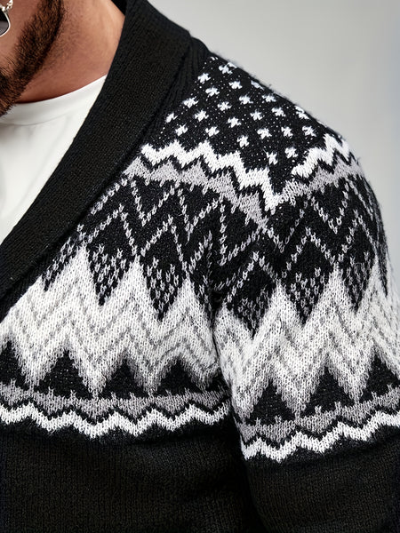 Men's Casual Geometric Pattern Cardigan Sweater - Navy Blue with White and Black Accents, Button-Up Collar, Machine Washable, Polyester for Fall/Winter