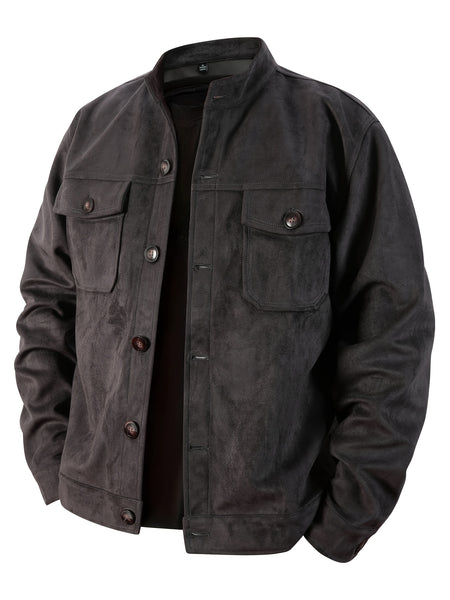 Men'S Casual Velvet Jacket with Pockets, Casual Long Sleeve Stand Collar Button-Up Coat