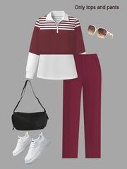 Women's 2pcs Suit Set - Striped Half-Pallet Pullover Top & Solid Color Pants with Zipper Closure, High-Elasticity Straight Leg Pants, Loose Fit for Commuting, Office & Daily Wear - All-Season Professional Attire (2pcs Matching Set)