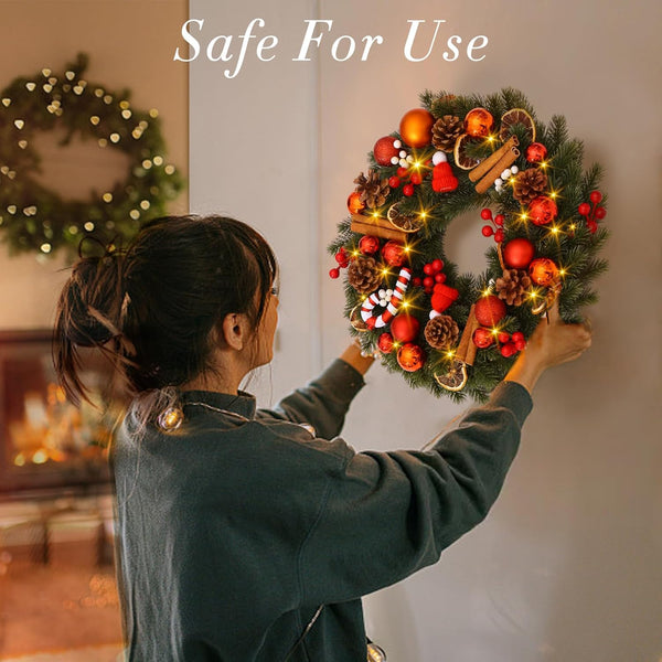 Christmas Wreath, 40Cm/16Inch Battery Powered Christmas Door Wreaths with 40Leds, Artificial Xmas Wreaths with Timer Function 8 Modes for Front Door Fireplace Festival Wall Decoration