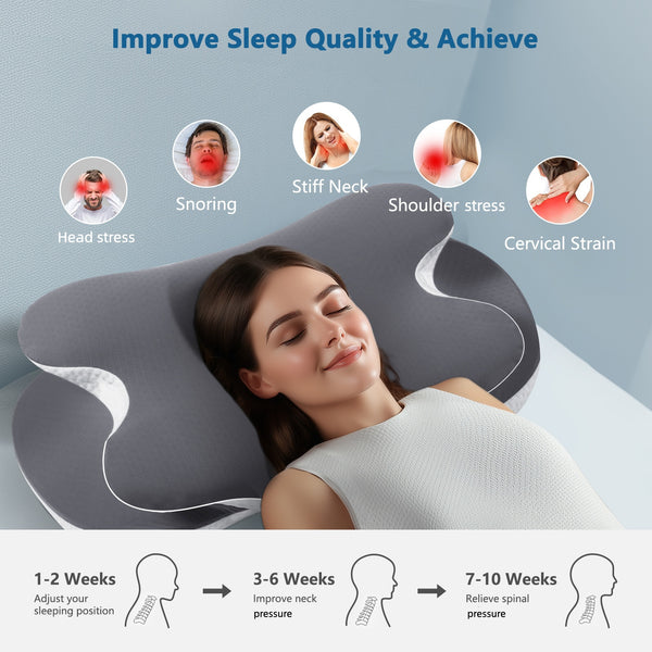 Cervical Neck Pillows for Neck and Shoulder, Odorless Memory Foam Pillow with Cooling Silk Case, Orthopedic Pillow Neck Support - Gray