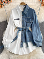 Denim Corduroy Lapel Dress 2025 Autumn/ Winter New Korean-style Waist-cinching and, Irregular Mid-length