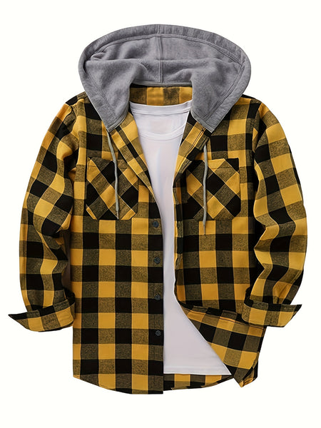 3pcs Men's New York Fashion Trendy Plaid Shirt Hooded Plaid Sweatshirt Flannel Hoodie