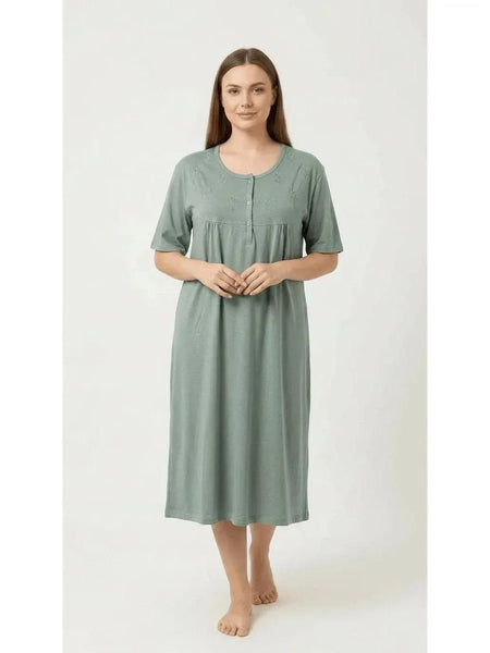 Women'S Nightdress Soft Comfortable Short Sleeve Nightie Button Front Embroidered Sleep Dress Loose Fit Midi Lounge Nightwear House Dress S-XXL