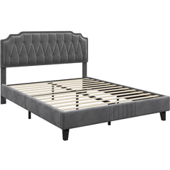 Costoffs Double/King Bed Frame Upholstered Platform Bed with Adjustable Button Tufted Headboard/Velvet Fabric/Mattress Foundation/Sturdy Wooden Slat Support, No Box Spring Needed, Black/Beige/Dark Grey/Light Grey