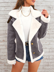 Women's Elegant Lapel Collar Plush Jacket with White Fur-Like Trim - Winter Warm Coat, Structured Fit Front Button Closure, Hand Washable Outerwear for Daily Travel & Holiday Outfits (Solid Color, Autumn/Winter) - Versatile Casual to Semi-Formal Wear