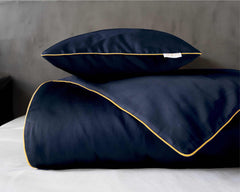 Luxury Dark Blue Duvet Cover Set with Gold Trim – 100% Cotton Sateen – Opulent Hotel Style Bedding for Single, Double, and King Beds