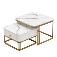 Modern Pedestal Base Space Saving Coffee Table Set of Two, Engineered Wood and Artificial Board Construction, Hardwood, Black Finish, High Gloss Stone Table Top, Metal Golden Accents, with Drawer, Without Electricity, Battery Free.
