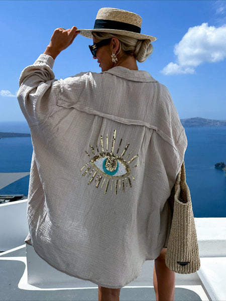 2025 Spring and Summer New Ladies Casual V-neck Pocket Splicing Sequins Loose Long-sleeved Women's Shirt, Lapel Cardigan Design.