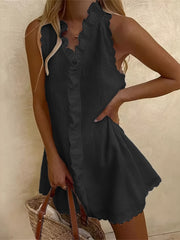 Women's Solid Mini Dress with Embroidery & Ruffle Trim