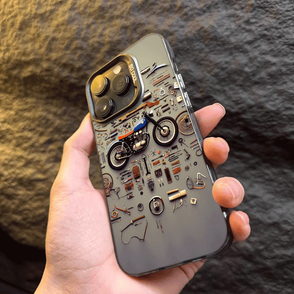 Phone Case - A Colorful Silver Phone Case Featuring a Retro Motorcycle Parts Disassembled Art Design, Compatible with Various for Iphone Including for Iphone 17 Pro Max, 16, 15, 14, 13, 12, And 11 Series, Designed to Be Stylish And Anti-Fall