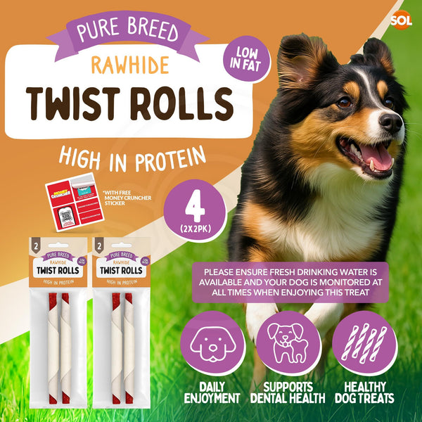 Pure Breed 4pk Long Lasting Dog Chew Twist Rolls | Low Fat Dental Dog Treat Sticks | Rawhide High Protein Dog Treats for Small & Medium Dogs | Natural Chew Snacks for Oral Health, Training & Rewards