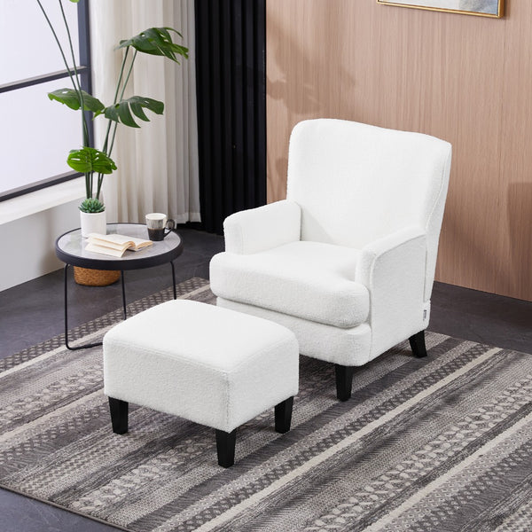 White Teddy Fabric Lounge Chair with Ottoman - 69x58x85.5cm Plush Armchair, Sponge Cushion & Plywood Frame, for Living Room/Bedroom (Black Wooden Legs)