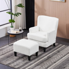 White Teddy Fabric Lounge Chair with Ottoman - 69x58x85.5cm Plush Armchair, Sponge Cushion & Plywood Frame, for Living Room/Bedroom (Black Wooden Legs)