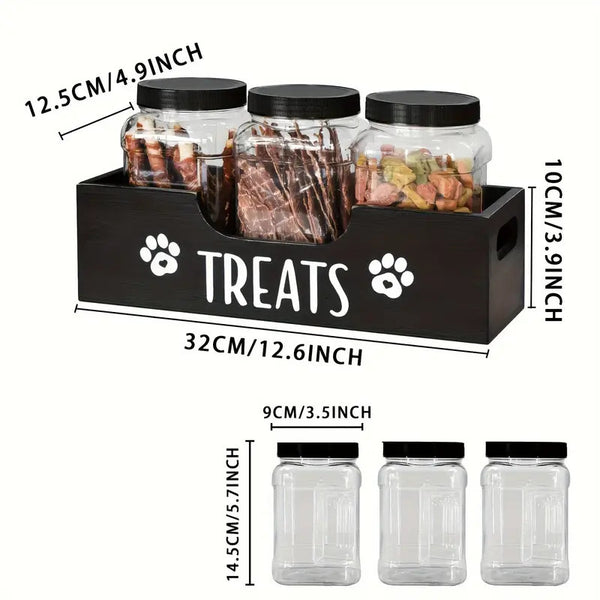 5-in-1 Wooden Pet Food Storage + 3 Plastic Jars + 1 Sticker – Uncharged Container for Dog & Cat Food Storage – Durable Wood Material Farmhouse Style Organizer for Pet Treats