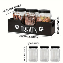 5-in-1 Wooden Pet Food Storage + 3 Plastic Jars + 1 Sticker – Uncharged Container for Dog & Cat Food Storage – Durable Wood Material Farmhouse Style Organizer for Pet Treats