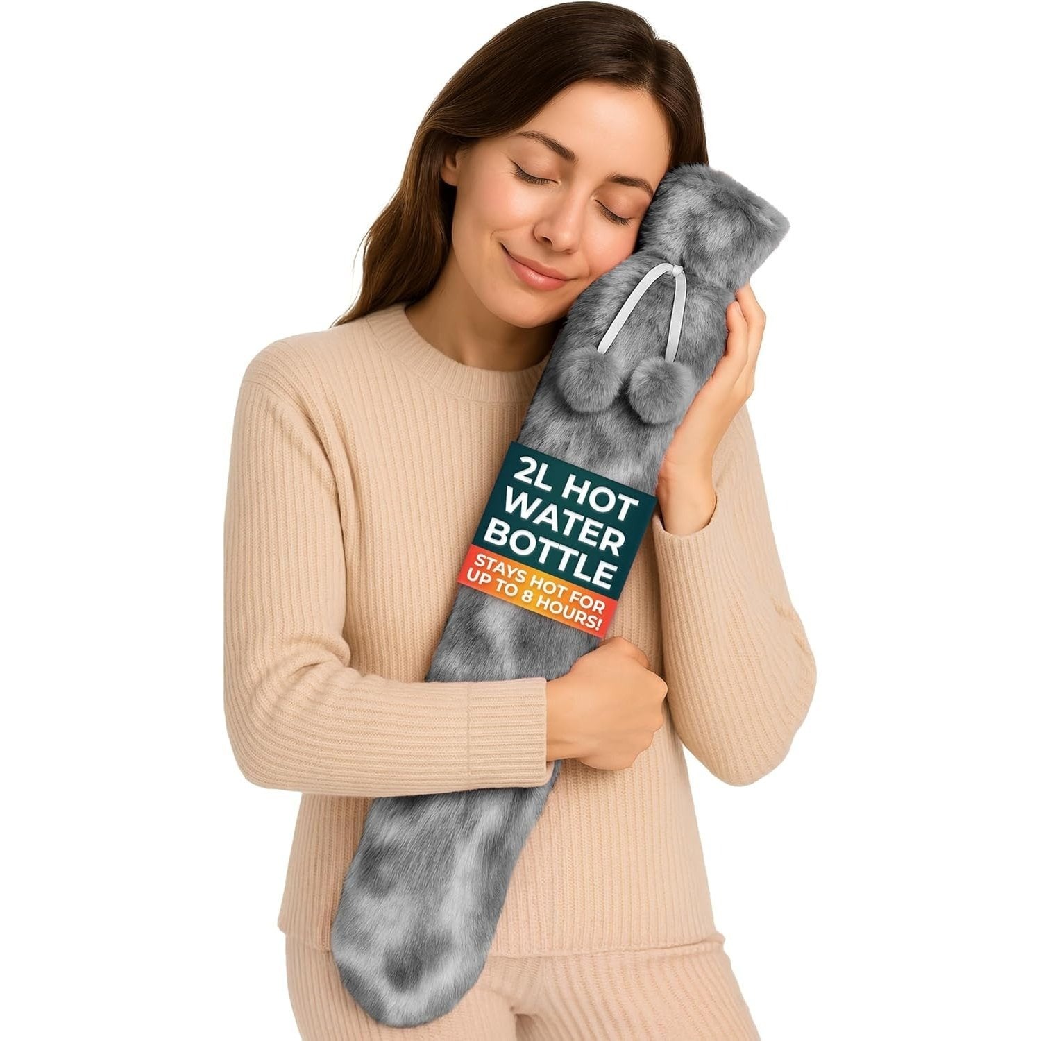 Long Hot Water Bottle for Back Ache and Pain Relief - 2L Soft Grey Plush Covered Hot Water Bottle - Luxury, Washable and Reusable Hot Water Bag