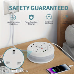 8-in-1 Power Strip Surge Protector/ Power Board/ Extension Socket with 2m Retractable Cord, 3250W, 13A, Portable Power Socket, Overload Protection, 4 AC Power Sockets, 4 USB Ports, Suitable for Home, Kitchen, Office Or Hotel Use.