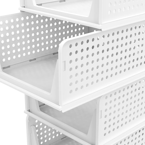 Set of 4 Stackable Foldable Wardrobe Storage Box Organizer, Plastic White Wardrobe Shelves Closet Organiser Box, Pull Out Like a Drawer, Suitable for Home, Bedroom, Kitchen (Easy Open and Folding)