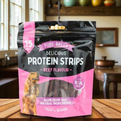 Delicious Protein Strips Beef Flavour, High Protein Dog Treats, Chewy Training Snacks, Easily Digestible in Resealable Pack