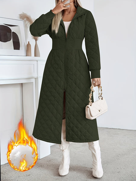 Women'S Casual Quilted Long Coat, Solid Color Long Sleeves with Pockets, Elegant Hooded Winter Warm Jacket