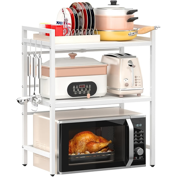 2/3-tier Expandable Microwave Oven Rack Countertop with 4 Hooks, Includes A Chopstick Holder, Cutting Board Holder, And 3 Towels. Kitchen Storage And Organization; Adjustable From 40-64cm; Suitable for All Kitchens (black, White).