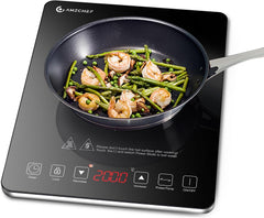 AMZCHEF Single Induction Cooker, Ultra-Thin Induction Hob with Fashion Look, 10-Level Power and Temperature Control, Black Frosted Glass Panel, Touch Sensor, 3-Hour Timer, Safety Lock