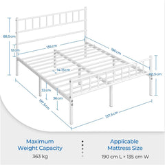 Costoffs Metal Bed Frame, Single/Double Size Bed Platform with Slatted Headboard and Footboard, Solid Slat Support, Large Storage Space, Easy Assembly Bed, Modern Mattress Foundation, Black/White/Pink/Silver