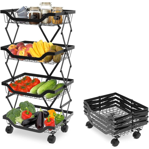 Foldable Kitchen Organizer Cart with 360° Rotating & Multi-Tier Shelves, Large Capacity Metal Vegetable Cart & Organiser - Portable, Space-Saving Storage for Pantry, Utility Room & Kitchen
