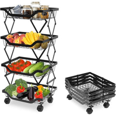 Foldable Kitchen Organizer Cart with 360° Rotating & Multi-Tier Shelves, Large Capacity Metal Vegetable Cart & Organiser - Portable, Space-Saving Storage for Pantry, Utility Room & Kitchen