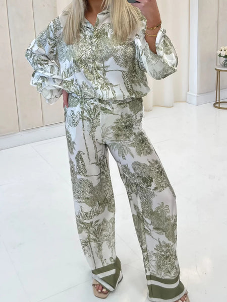 Women'S 2pcs Floral Print Pants Set with Button- Shirt & Elastic Waist Pants - Blue Floral All-Over Print Casual Outfit, All-Season Comfort, Easy-Care Fabric, Versatile Day to Night Wear, Relaxed Fit for Women (No Matching Top Included), Matching Pants fo