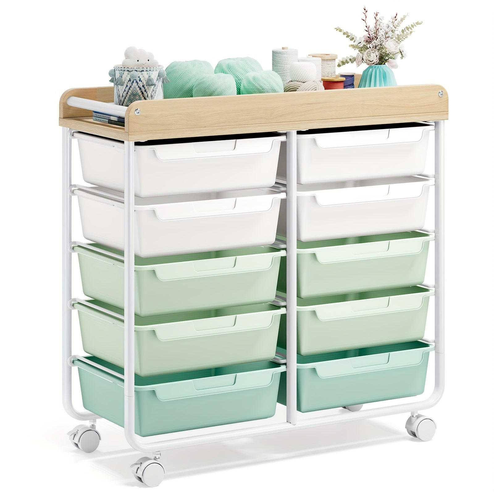 KINGRACK 10 Tier Office Rolling Storage Cart with Large Drawers, Mobile Organizer with Tabletop, Multi-Purpose Utility Cart for Home, Office, And Classroom, Easy to Move with Wheels, Storage Drawer Units