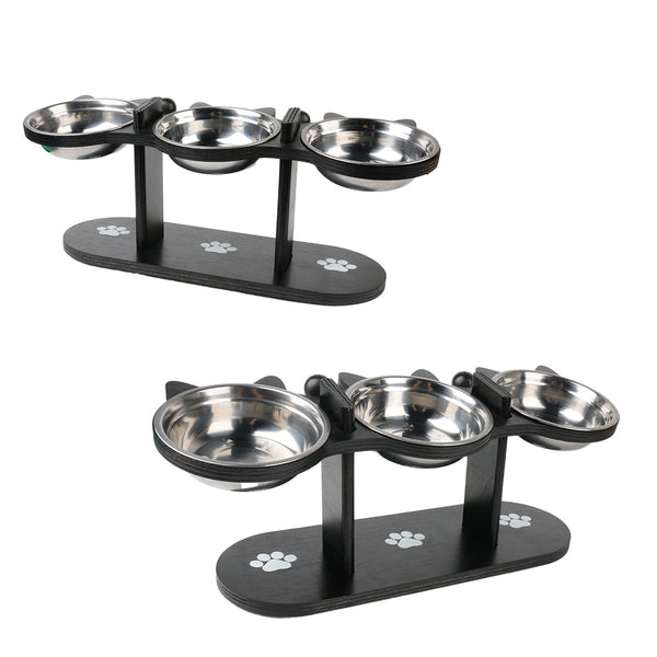 Pet Food Feeding Stand Station Stainless Cat Dog 3* Raised Bowls Wooden Holder