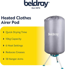 Beldray Heated Clothes Airer Pod - Hot Air Indoor Clothes Dryer with Cover, Quick Drying Time, Holds up to 10Kg, 6 Drying Arms for Hangers, 6 Heat Settings, Reduce Creases 900/1000W, LA041258