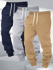 Three-pc Men's Solid Color Plain Elastic Waistband Drawstring Ribbed Cuffed Casual Jogger Pants, Men's Dress Administrative Trousers