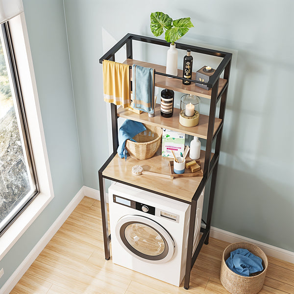 3-Tier Over Toilet Storage Rack, Freestanding Bathroom Laundry Organizer Shelf, Multi-Layer Storage Cabinet for Towels, Detergent, and Plants, White/Black