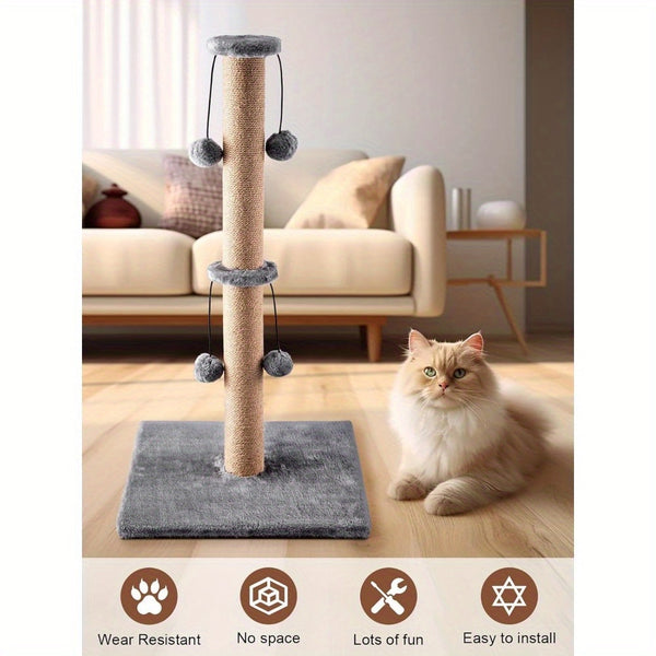 Cat Scratching Post 74cm Foldable Bottom Tall Cat Claw Scratcher with 4 Toy Ball Natural Sisal Scratch Pole and Soft Carpet Covered Heavy Base Modern Stable Design for Cats Gray