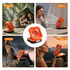 Portable Solar Camping Fan with LED Light, Rechargeable Outdoor Tent Fan, 4 Wind Speeds, Adjustable Brightness, Oscillating Fan with USB Power Bank Function, Type-C Charging