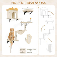 Costoffs Cat Tree Wall-Mounted Cat Furniture, Cat Wall Shelves & Perches, Climbing Shelves, Indoor Cat Tower, Wall-Mounted Cat Climbing Tree Set with Condos, Baskets & Scratching Posts, Space-Saving Cat Wall Furniture for Indoor Cats, Beige/Dark Gray