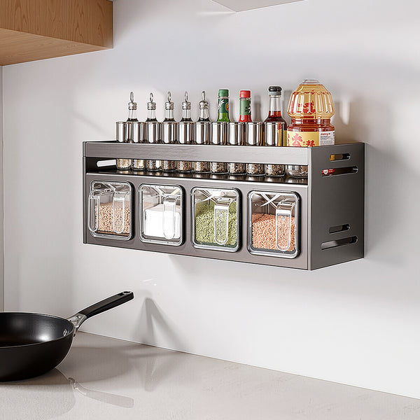 Double Layer Aluminum Spice Rack Condiment Rack, Wall-Mounted No-Drill Kitchen Organizer with 4-Drawer Spice Jars, Condiment Holder Set, Grey