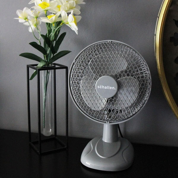 Schallen Grey Mini Table Fan Office Desk Home 6 Inch Small Electric Desk Fan Portable Air Cooling Fan Quiet Mini Desktop Fan with Tilt Function Worktop Office Home Bedroom PC Cooling Fan Compact Lightweight Air Circulator UK Plug Grey Black or White Porta