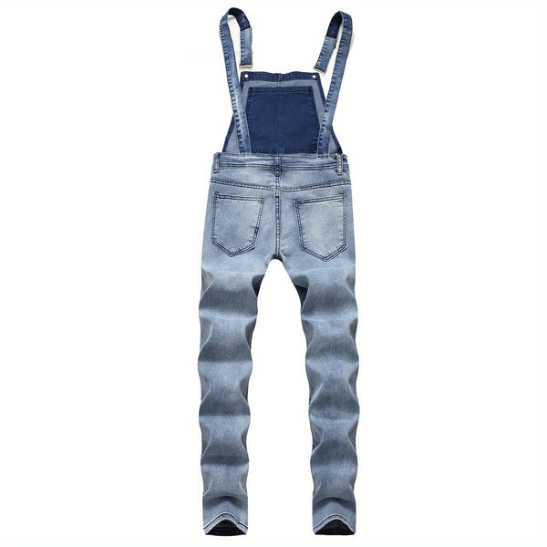 Men's Slim Fit Suspender Jeans, Teen Boys' Denim Pants, Trendy Fashion Versatile Solid Color Classic